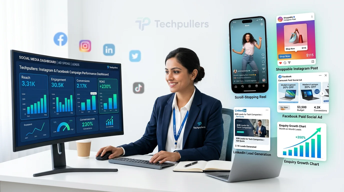 Social media marketing services — Instagram reels, Facebook ad dashboard, LinkedIn B2B lead generation, YouTube channel and Google Business Profile posts