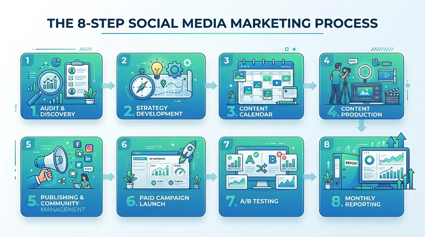 Social media marketing 8-step process — audit, strategy, content calendar, production, publishing, paid campaigns, A/B testing and monthly business-outcome reporting