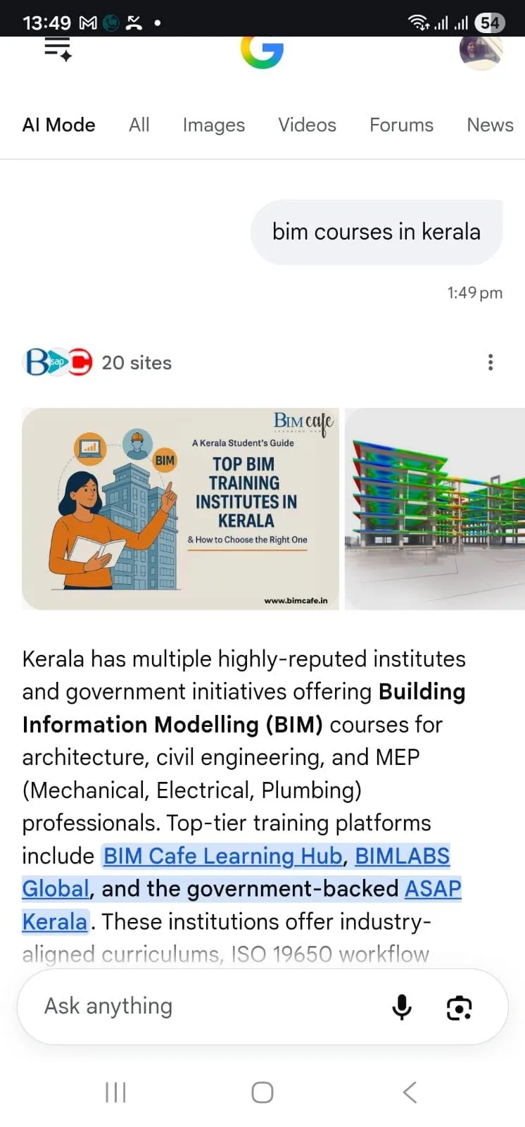 Google AI Mode answer for bim courses in kerala naming BIM Cafe Learning Hub, pulled from 20 sites