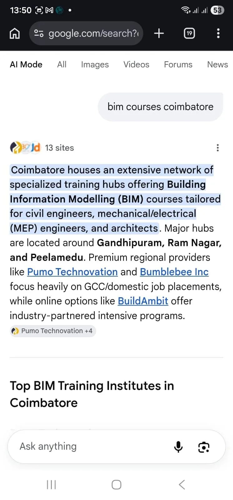 Google AI Mode answer for bim courses coimbatore naming Bumblebee Inc as a premium regional provider, drawn from 13 sites