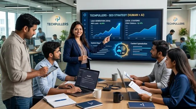 Human and AI SEO collaboration — Techpullers strategy combining AI tools with 8+ years of human SEO expertise