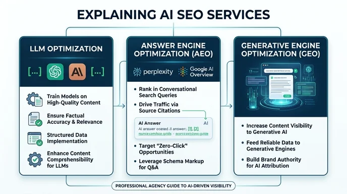 What are AI SEO services — infographic explaining LLM optimization, answer engine optimization and generative engine optimization
