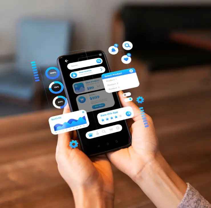 Person holding a smartphone with various app interface elements and statistics floating around the screen, representing advanced technology and expertise in app development