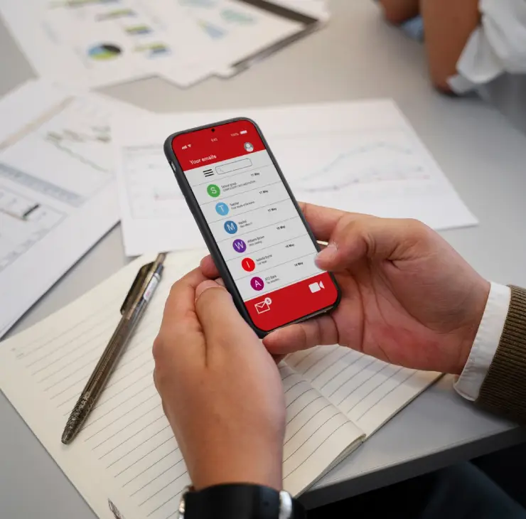 Person using a smartphone to check emails, with office documents and charts spread out on a desk in the background