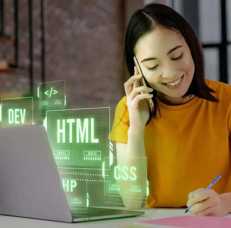 Woman talking on the phone while working on a laptop, with floating icons representing HTML, CSS, and development support, symbolizing dedicated post-launch support and future-ready applications