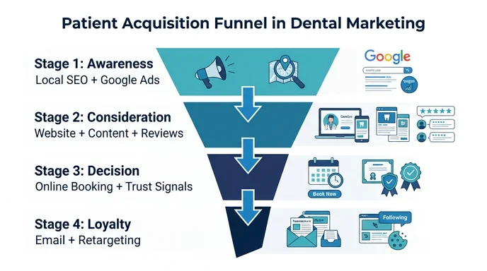 Patient acquisition funnel for dental clinics — awareness, consideration, decision and loyalty stages mapped by Techpullers