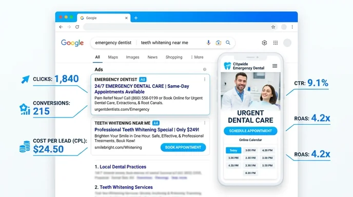 Google Ads for dental practices — search ads, Local Services Ads and conversion-focused landing pages