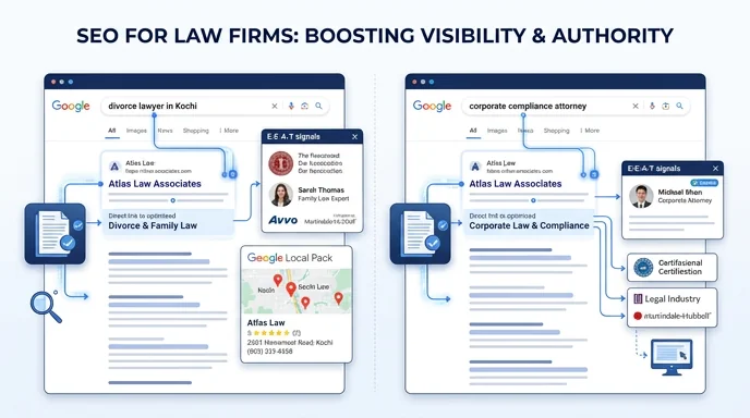 SEO for law firms — local SEO, practice-area pages, YMYL-aligned legal content and technical SEO for lawyer websites