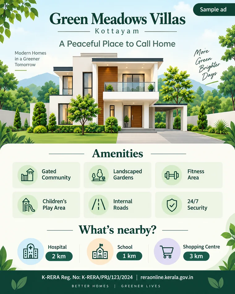 Sample property ad poster for a villa project in Kottayam, with the amenities, the distances to a hospital, a school and a shopping centre, and a K-RERA registration line printed on the poster itself.