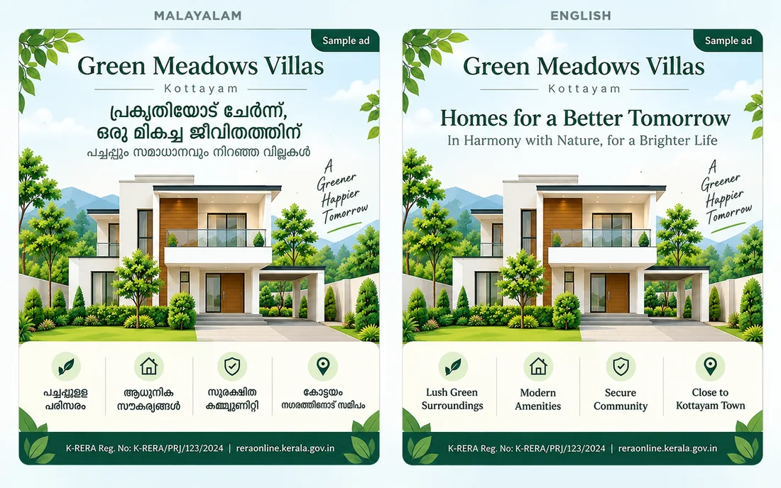 Two sample property ads for the same villa project side by side, one written in Malayalam and one in English, each carrying a K-RERA registration line.