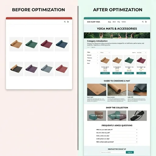 Before and after ecommerce collection page SEO optimization showing improved rankings and organic traffic