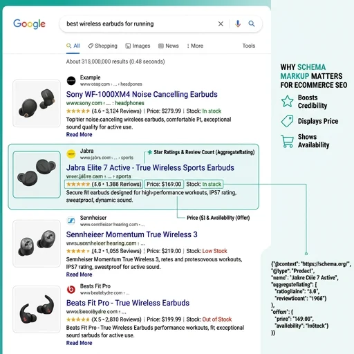 Google search results showing ecommerce product rich snippets with star ratings, price, and availability
