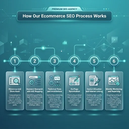 Six-step ecommerce SEO process workflow from audit to ongoing monitoring