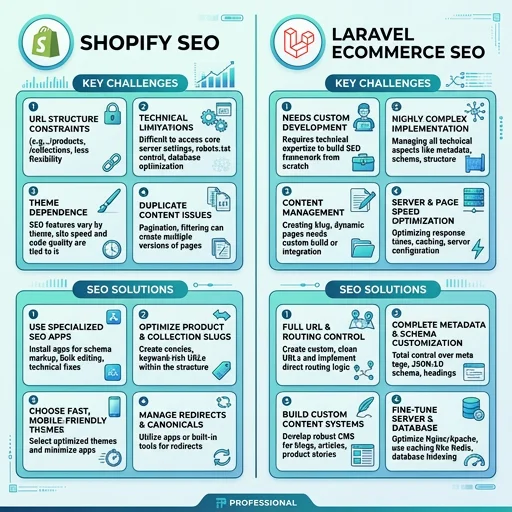 Comparison chart of Shopify vs Laravel ecommerce SEO capabilities and implementation approaches