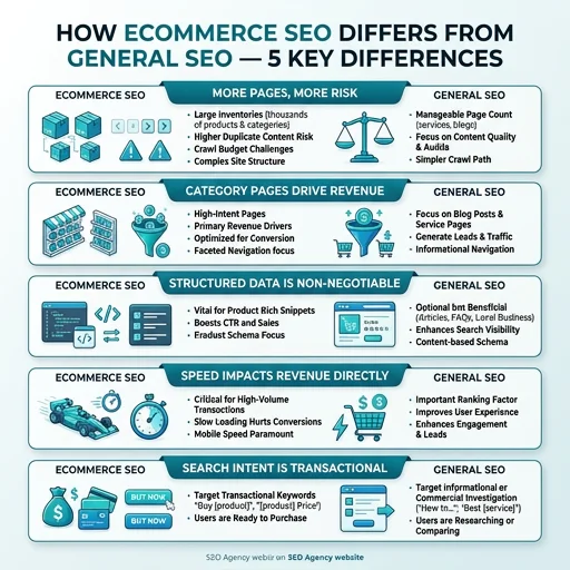 Infographic showing five key differences between ecommerce SEO and general SEO