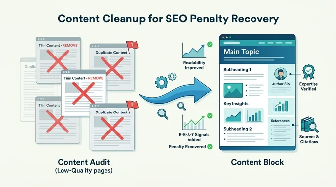 Step 4 — content cleanup for penalty recovery, addressing thin and duplicate content with E-E-A-T signals