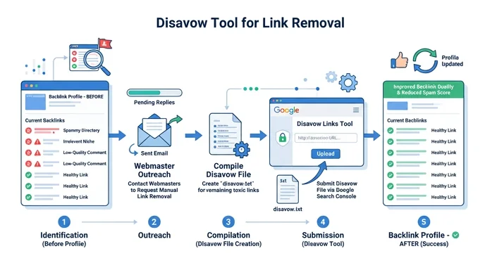 Step 3 — Google Disavow Tool process and link removal outreach by Techpullers