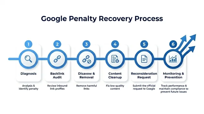 Our Google penalty recovery process — six-step approach from diagnosis through monitoring by Techpullers