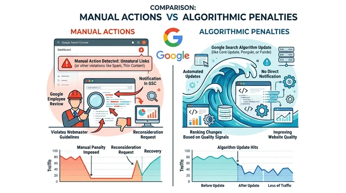 Manual action vs algorithmic penalty — comparison of Google penalty types diagnosed by Techpullers