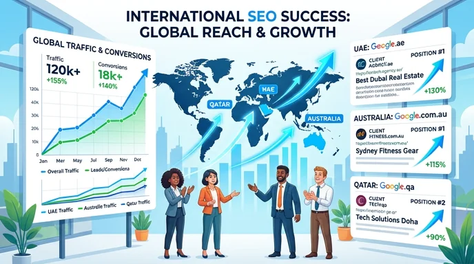 International SEO results across markets — Techpullers performance across UAE, Australia, Qatar, Oman, GCC and India