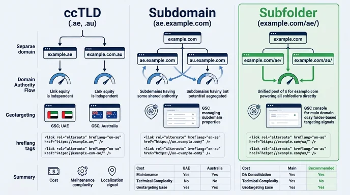 What is international SEO — comparison of website structures (ccTLD, subdomain, subfolder) for international search visibility