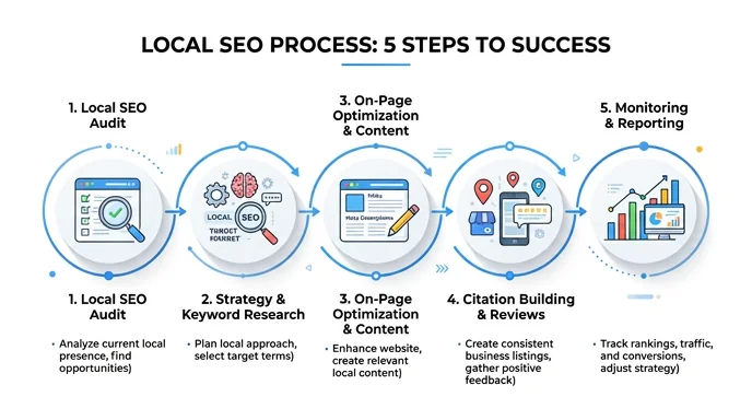 Our local SEO process — five-step approach from audit through monitoring by Techpullers