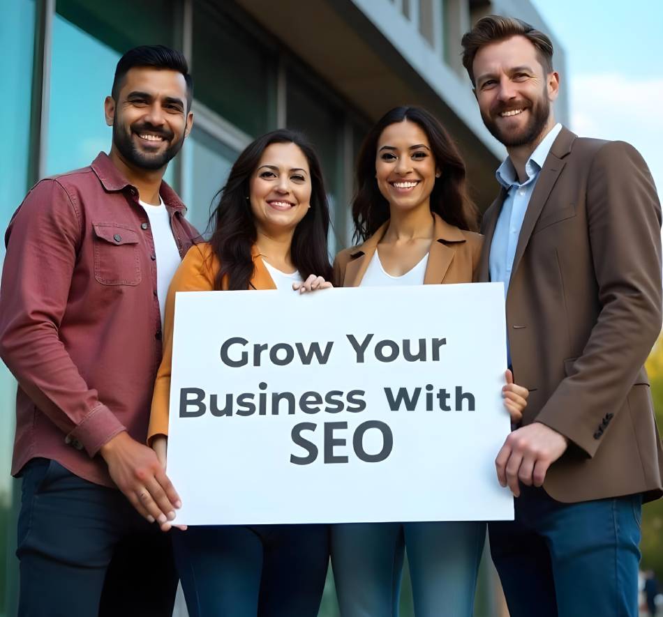 A group of four professionals holding a sign that reads 'Grow Your Business With SEO,' promoting SEO services at Techpullers.