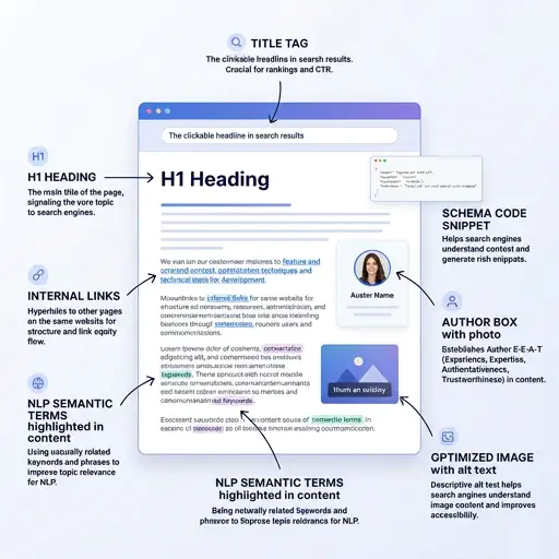 Diagram of a webpage highlighting core on-page SEO elements including structure, content, and technical signals