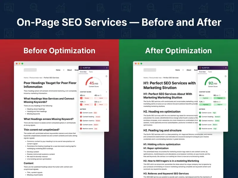 Before and after Surfer SEO content scores from on-page SEO optimisation