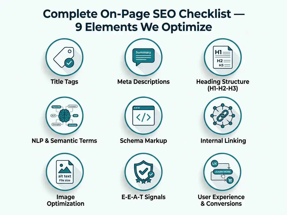 Complete on-page SEO checklist — 9 elements we optimize on every page