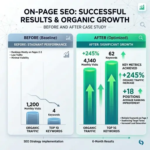 Professional before-and-after bar chart comparing on-page SEO results: lower metrics before optimization versus improved rankings and traffic after optimization