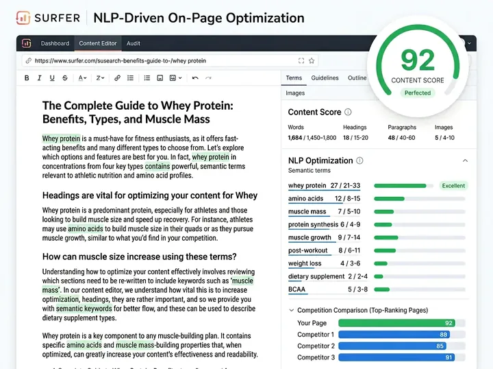 Surfer SEO NLP content analysis used while writing and optimising page content