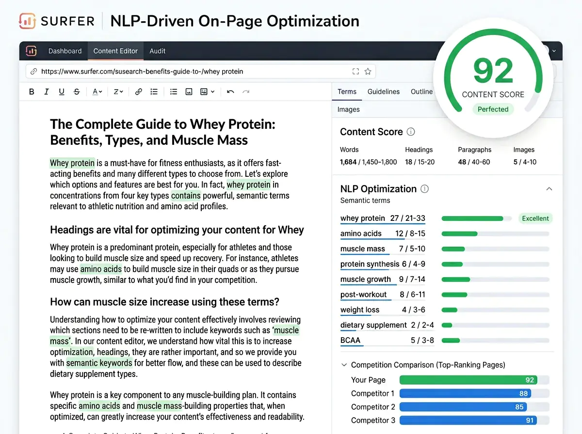 Surfer SEO NLP analysis showing semantic keyword targets for on-page optimization