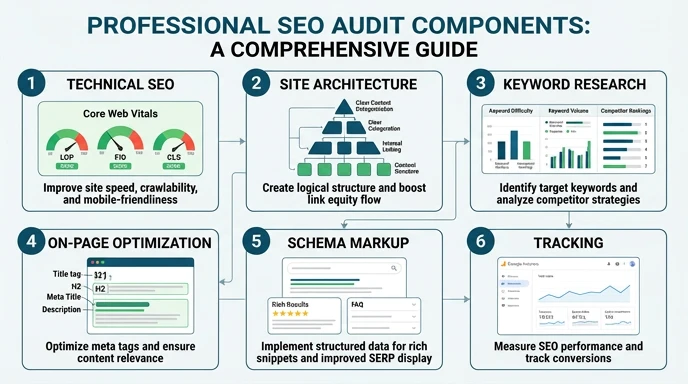 Six core components of Techpullers SEO audit services — technical, architecture, content, on-page, schema, and tracking