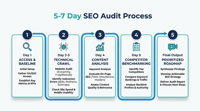 SEO audit process timeline — baseline, crawl, content analysis, competitors, and roadmap