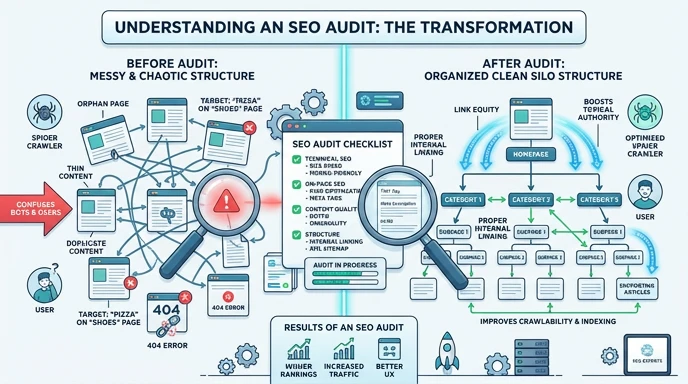 What is an SEO audit — systematic technical, content, and architecture review