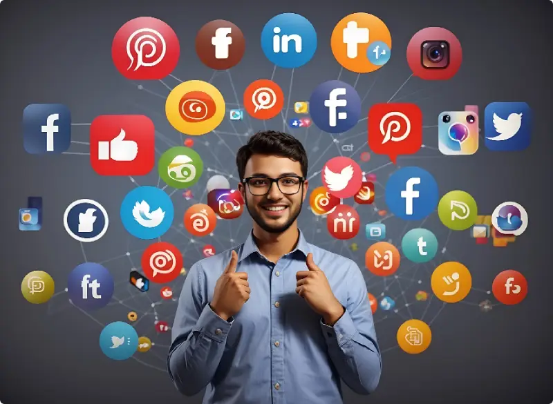 A smiling man with glasses pointing to himself, surrounded by various social media icons, representing social media marketing expertise offered by Techpullers.