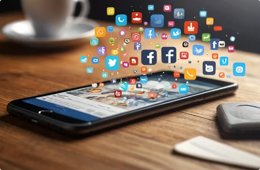 A smartphone on a wooden table with various social media icons emerging from the screen, symbolizing the wide reach and connectivity of social media marketing services by Techpullers.