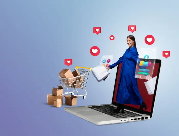 Image showing a woman with shopping bags emerging from a laptop screen, surrounded by like and heart icons, representing the social commerce success story of Hathi Store through targeted social media advertising by Techpullers.