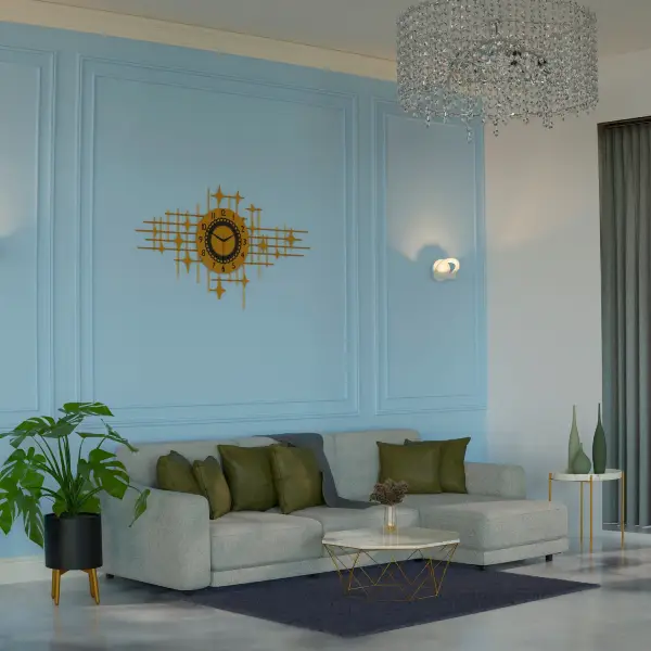 Elegant interior design with a chandelier and blue accent wall, illustrating TechPullers' establishment of Brilliant Interiors as a leading interior design company in Kerala.