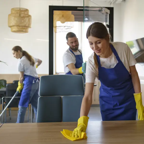 Professional cleaners in a commercial setting, representing TechPullers' web design for Nsure, which optimizes pest control services for both residential and commercial sectors.