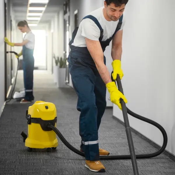 Professional cleaners working in a hallway, showcasing TechPullers' web design for Oz Clean, enhancing their professional cleaning services through a well-designed web presence.