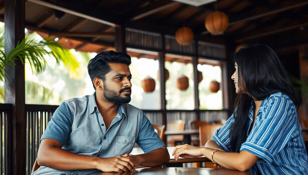 Freelancer meeting with a client in traditional Kerala cafe