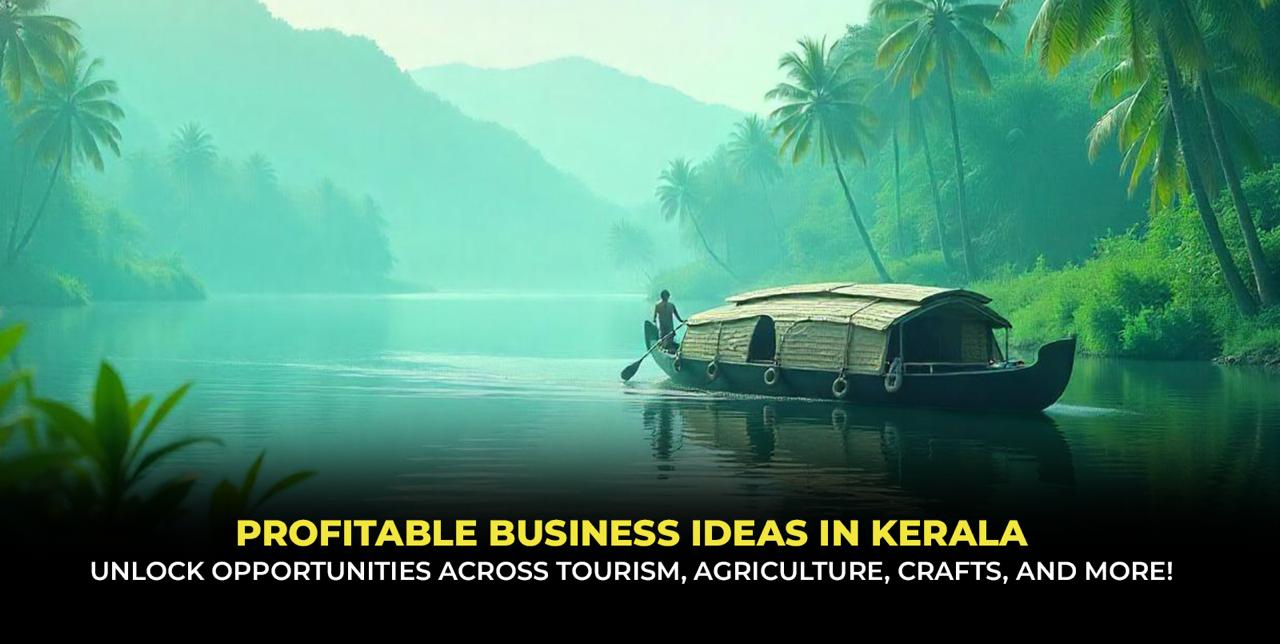 Illustration of emerging business opportunities in Kerala for 2025, highlighting eco-tourism, digital services, and organic farming