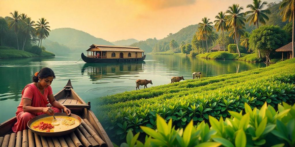 Image of Kerala houseboat floating in the river