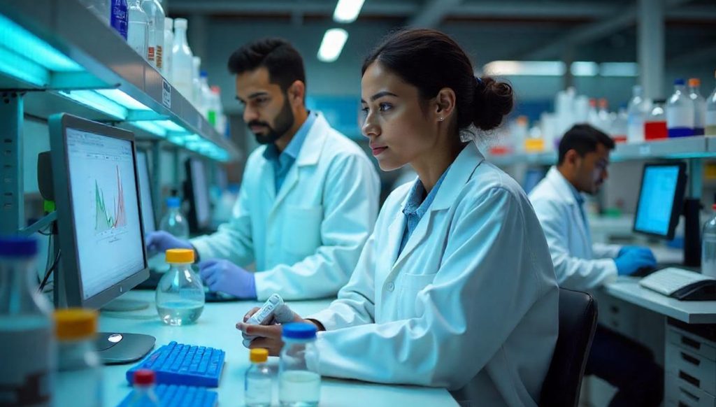 Technicians working in a Biotechnology lab 