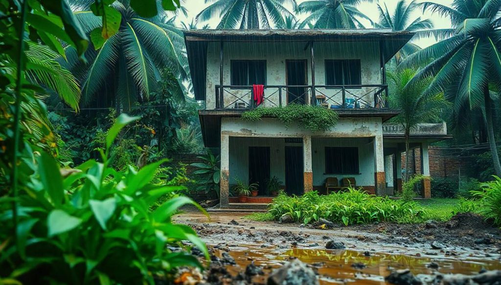 Image of Kerala home with lush greenery, faded wall paints in rainy tropical ambiance.