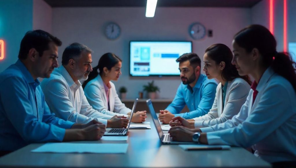 Team of professionals collaborating in a pharmaceutical company office