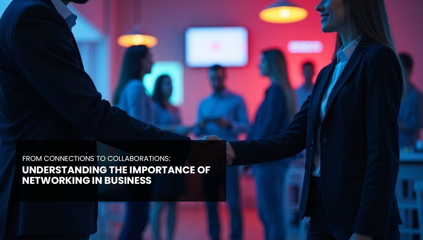 Business professionals shaking hands at a networking event with others in the background.
