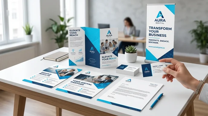 Marketing collateral design — business cards, letterheads, brochures, packaging and presentation templates in a consistent brand system